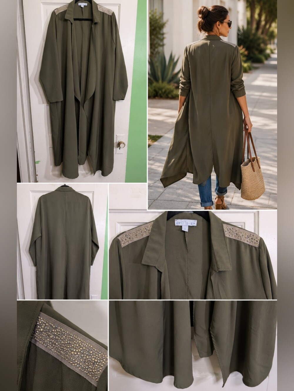 Boutique+ 1X Olive Green Rhinestone Shoulder Long Duster Cardigan